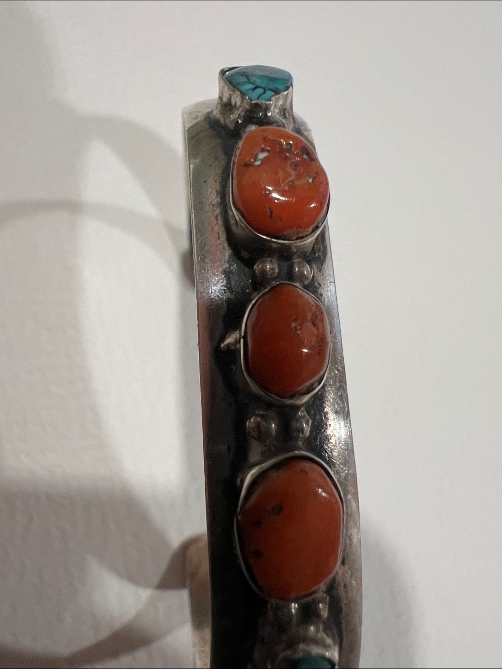 Native American Sterling Silver Orange Coral and Turquoise Cuff Bracelet - Picture 5 of 9